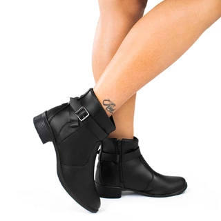 Bota Feminina Coturno Preto Cano Curto Ziper Salto Baixo Grosso Elegante Oferta