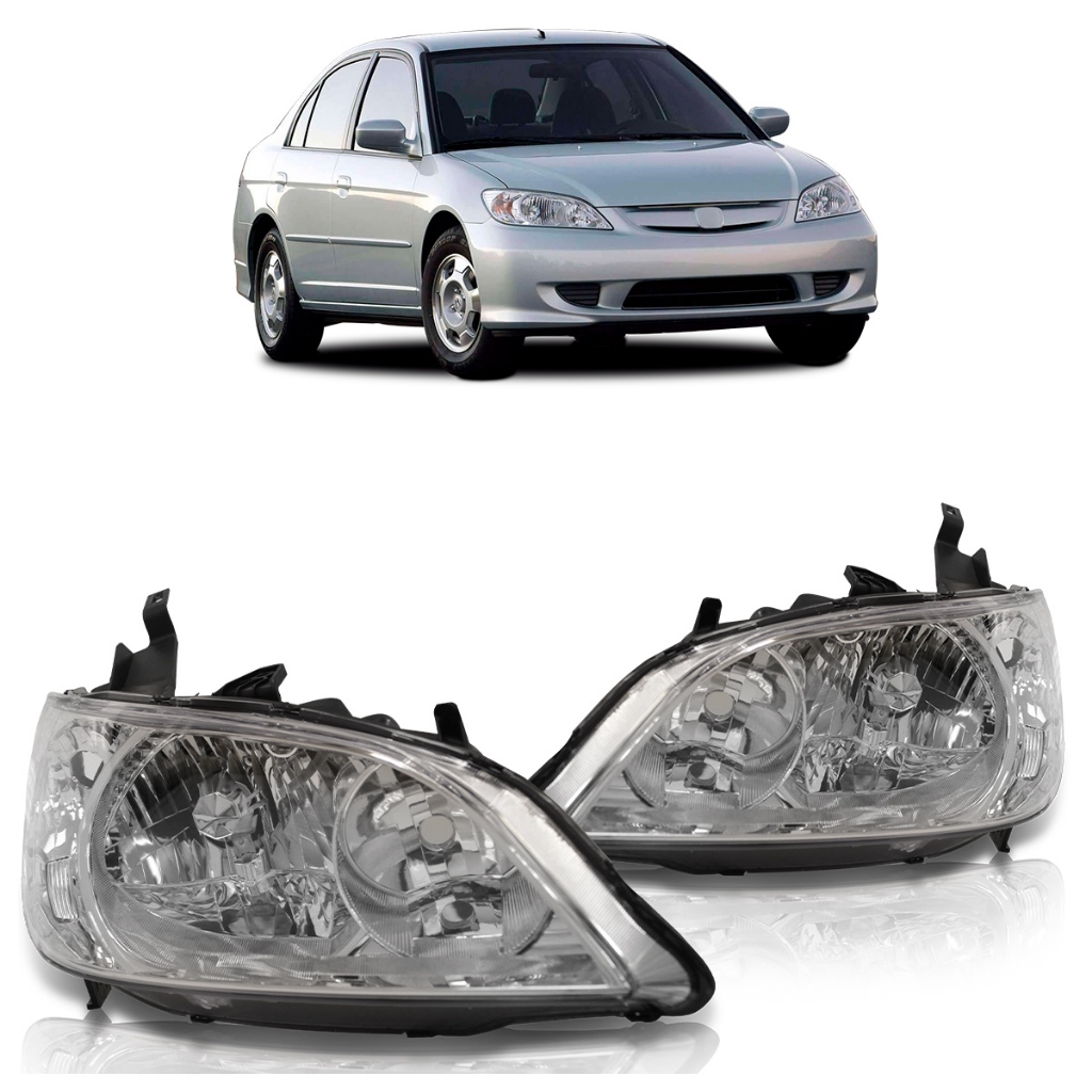 Farol Dianteiro Honda Civic 2004 2005 2006 Máscara Cromada Foco Duplo Lente Lisa Acrilico
