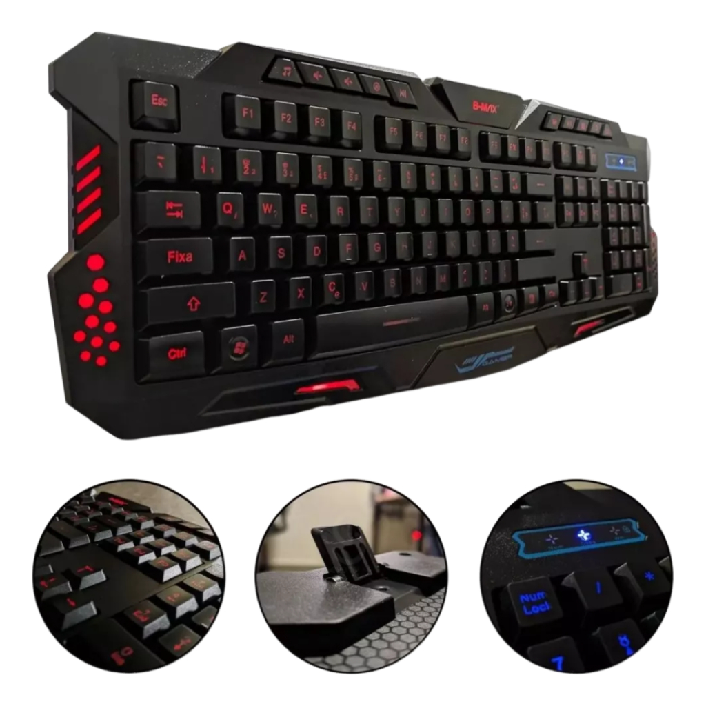 Teclado Gamer Multimídia Retroiluminado Led Rgb Usb Gamer Com Luz Azul Vermelha e Lilás BM-T03