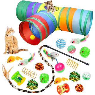 Pet Brinquedo para Gato ( Kit 20 e 27 Peças)- Túnel Engraçado/ Vara de Pelúcia/ Rato/ Várias Combinação de Brinquedos