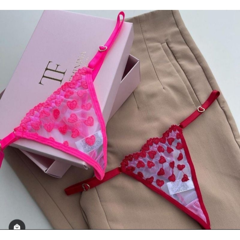 kit 5 Tanga Tule Coração Bordado Regulagem na Lateral Calcinha Fio Dental