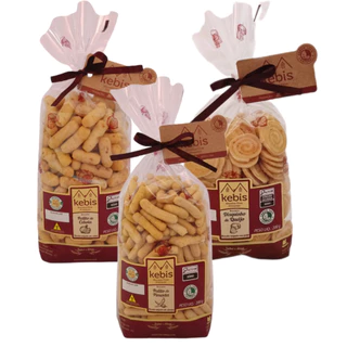 Kit 3 Biscoito Kebis Caseiro Palito de Cebola, Palito de Pimenta e Disquinho de Queijo