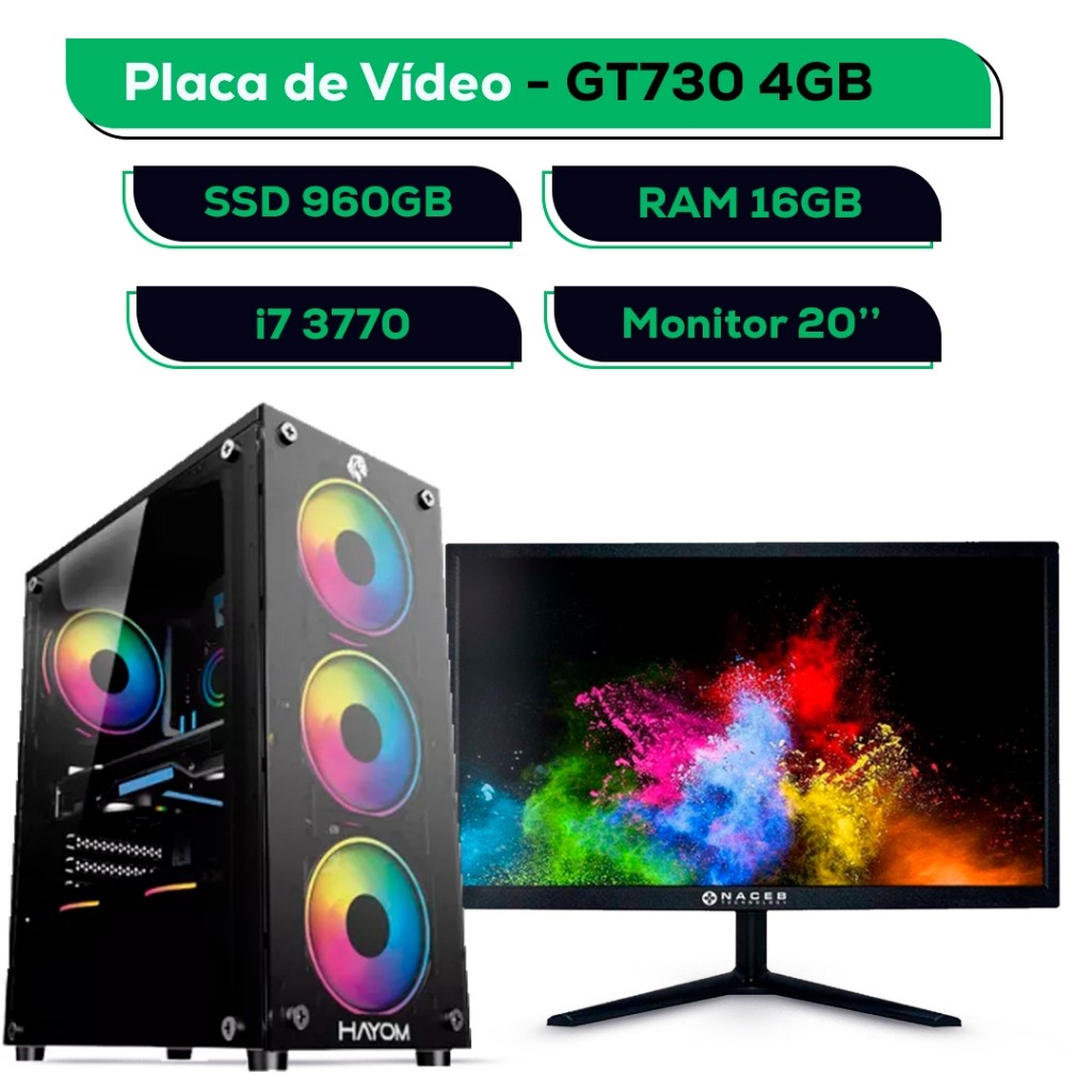 Computador Gamer Completo i7 3.6Ghz - 16GB - 960GB - GT730 4GB - Monitor 20"
