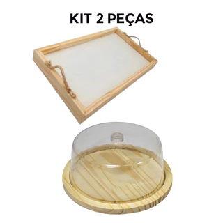 LANÇAMENTO Kit 2Pçs (Bandeja com alças e Boleira de Madeira Natural) Cozinha, Mesa, Café, Bolos