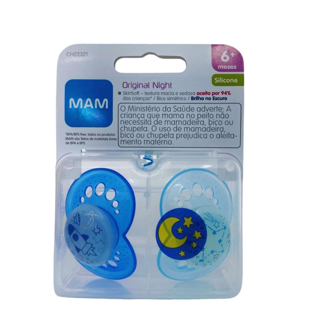 Kit Com 2 Chupeta Mam Original Night - Brilha No Escuro - Azul Unissex ...