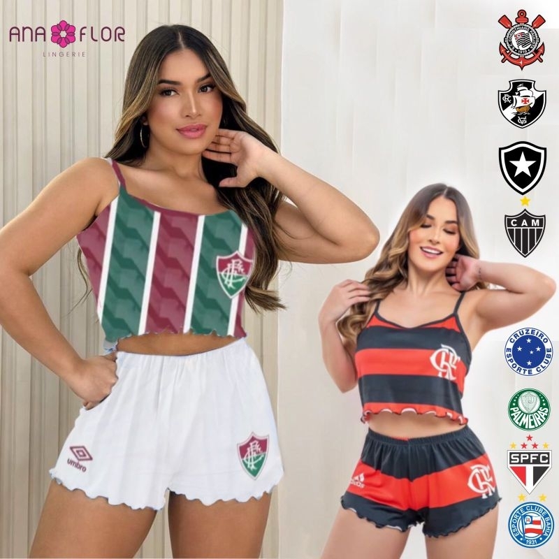 cropped Baby Doll feminino pijama verão ondinha coleção times e personagens