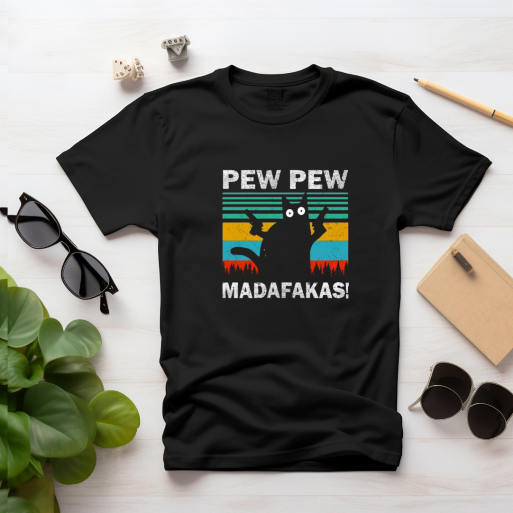 Linda Camiseta Cat Pew pew madafakas Infantil e Adulto 100%Algodão Camisa Envio Rapido