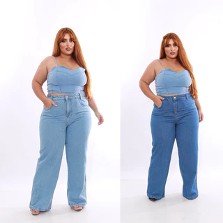 Calça Jeans Wide Leg Jeans Feminina Plus Size Linha Premium