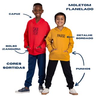Conjunto Moletom Infantil Juvenil Masculino Blusa e Calça Flanelado, c/ capuz bolso canguru Roupa menino inverno tamanhos 10 12 14