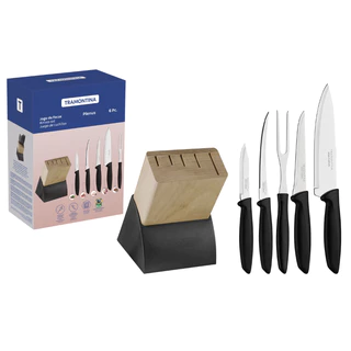 Jogo de Facas Tramontina Plenus com Lâminas em Aço Inox Cabos de Polipropileno Preto e Suporte de Madeira 6 Peças