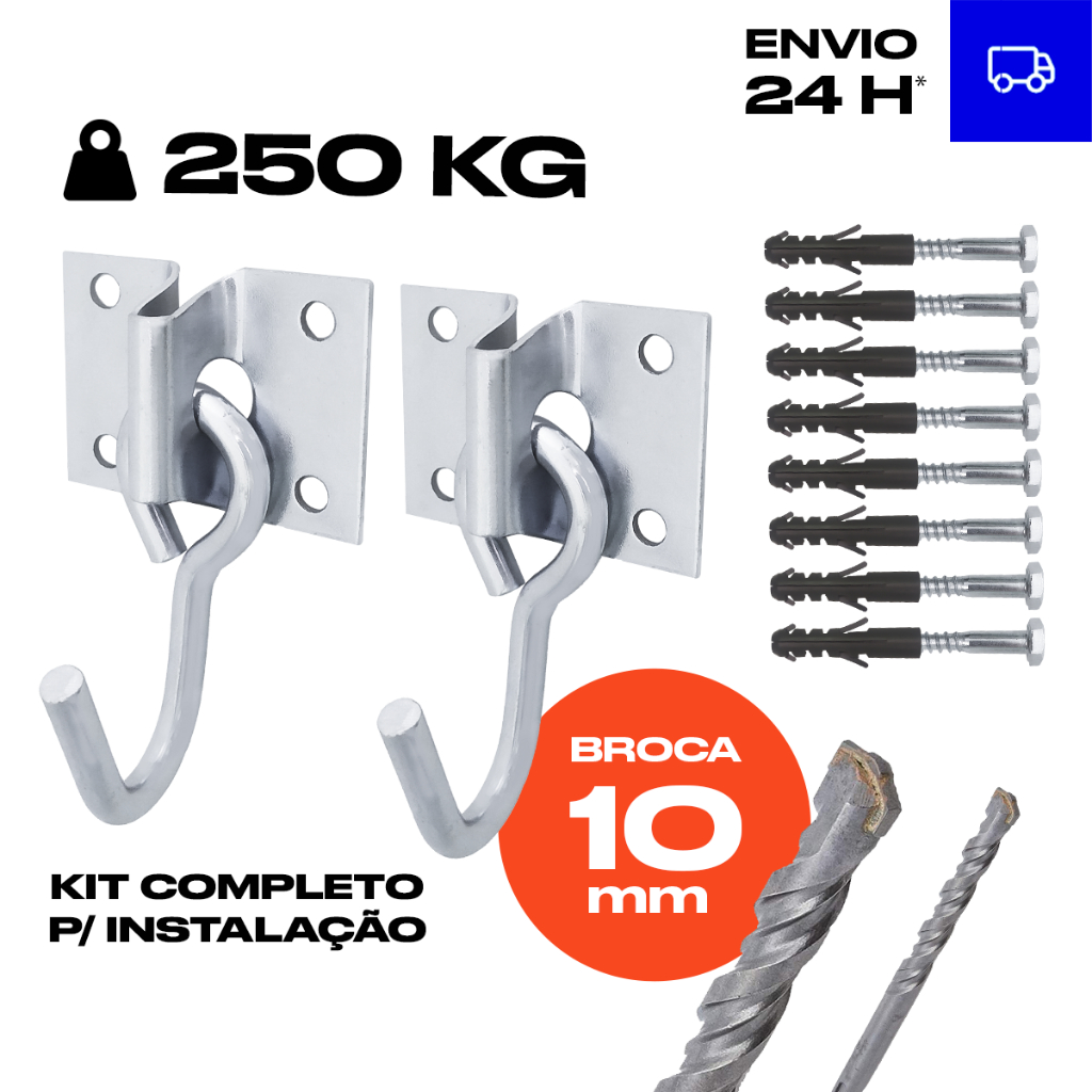 Kit Par Gancho Rede De Descanso Armador Aço Reforçado C/ Parafusos E Buchas + Broca, 250Kg, Zincado