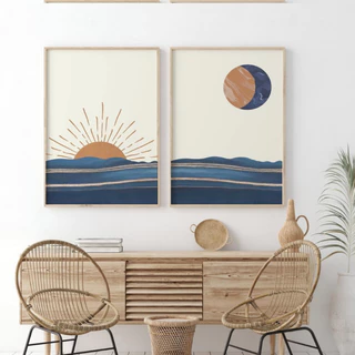kit 2 Quadros 40x60 Decorativos Boho Mar Azul Lua Cheia