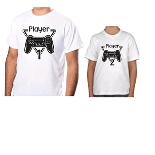 Kit 2 Camisa Personalizada Pai e Filho Controle Game Play 1 e Play 2 Tecido 100% Poliéster Anti-Piling