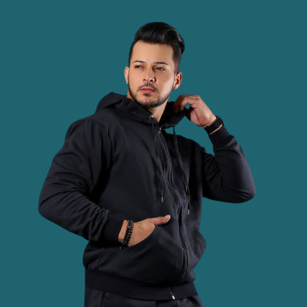 Blusa de Frio Masculino Moletom com Ziper Lisa Direta Com Capuz e Bolso