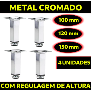 Kit com 4 pés aço cromado quadrado ou redondo 10cm/12cm ou 15cm para armários/móveis em geral