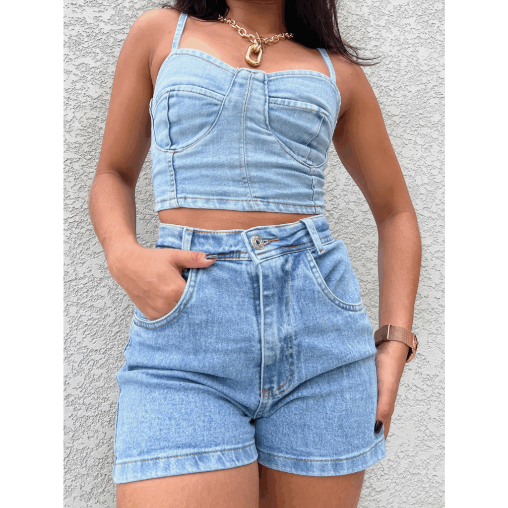 coolestfeminina 1249Conjunto jeans com cropped e shorts Conjunto ...