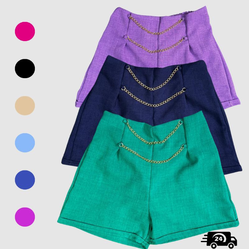 Shorts Alfaiataria Meia Coxa Elastico Cos Detalhes Correntes