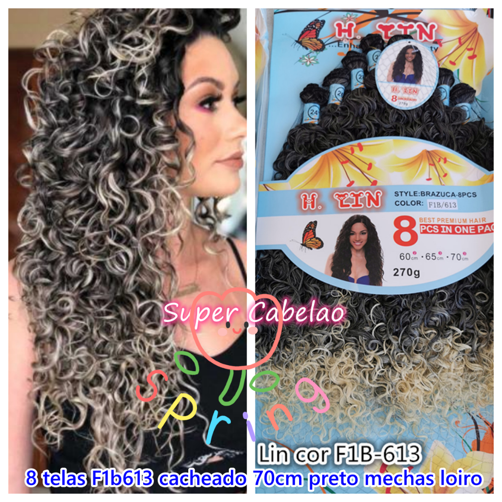 Cabelo cacheado afro crespo cor F1b613 preto com mechas luzes ombre hair  californiana loiro platinado clarissimo 70cm 270gramas H. Lin