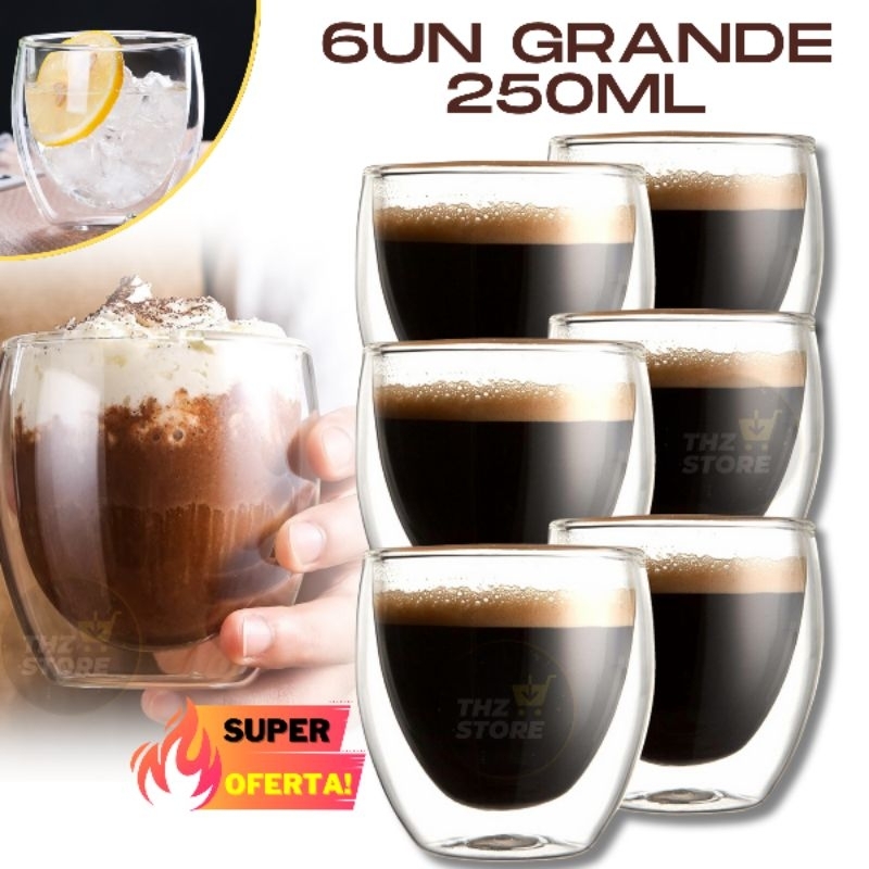 6un Copo Parede Dupla Vidro Duplo Grande 250ml Isolante Térmico Café Capuccino Chá Suco Água Cerveja whisky Chopp Sobremesa Jogo de Copos