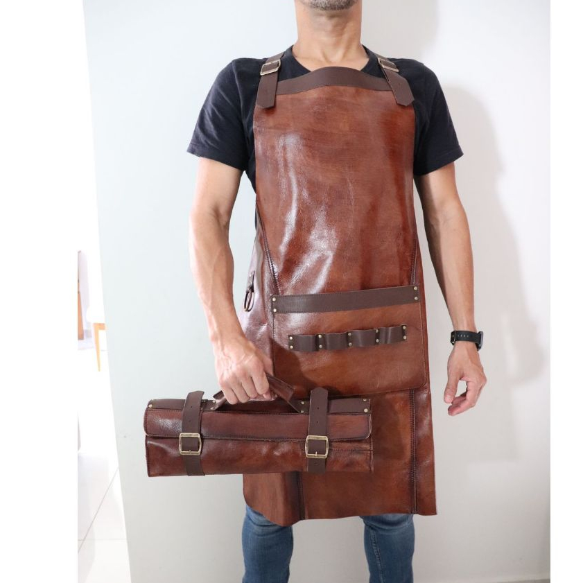 KIT AVENTAL CHURRASQUEIRO EM COURO PREMIUM + ESTOJO PORTATIL PORTA FACAS EM COURO