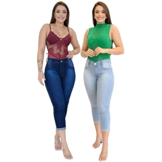 Kit 2 Calça Jeans Feminina Com Elastano Capri Cigarrete Meia Canela Cintura Alta Com Laycra Modelagem Levanta Bumbum