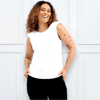 Lovito Casual Blusa Feminina Lisa Blusa T-shirt muscle tee Branca Regata com ombreiras malha canelada Lady Ágil