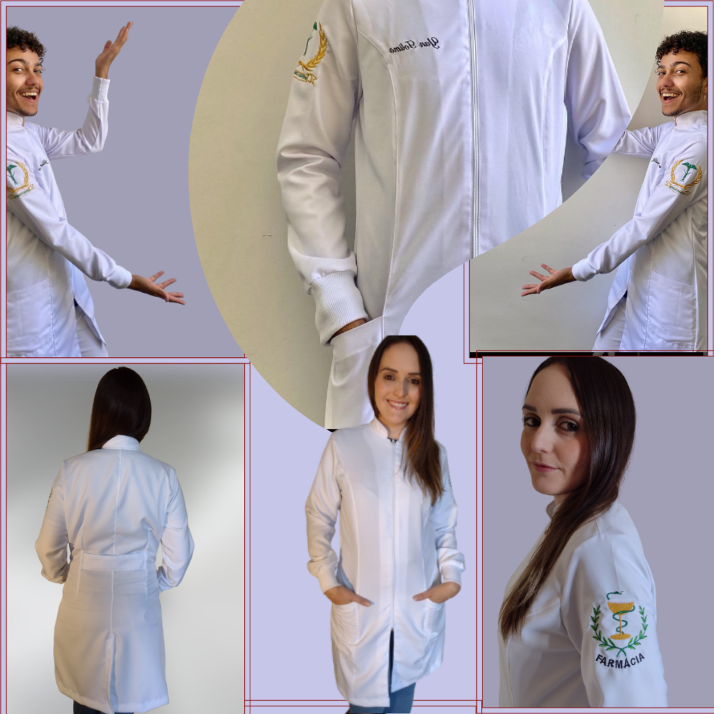 JALECO UNISSEX BORDADO NOME BRASÃO FACULDADES GOLA PADRE COM BOLSOS PUNHO RIBANA.