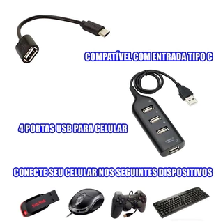Mobilador Hub Usb 4 Portas + Otg Usb C Adaptador De Teclado Mouse Para Celular Ponto Entrega