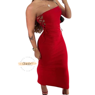 Vestido Canelado Midi Tomara Que Caia com detalhe Trançado Moda Feminina Verão