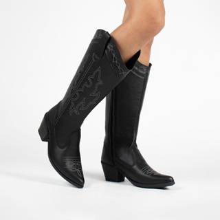Bota Feminina Western Texana Cano Alto Country Salto Baixo Médio Grosso Bico Fino Bordada Promoção