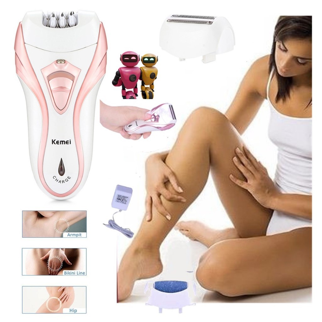 Depilador Feminino EM1 Eletrico Sem Fio Multifunção Kemei KM3010 Com 3 Cabeças