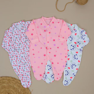 Kit 3 Macacão em Malha Estampado com Pé Menina Menino Verão - 100% Algodão - (RN/P/M/G)