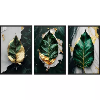 Quadro para decoração de ambientes folhas douradas e verdes 3 peças n070