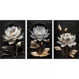 Quadro decorativo para salas e quartos lótus brancas do fundo preto 3 peças n069
