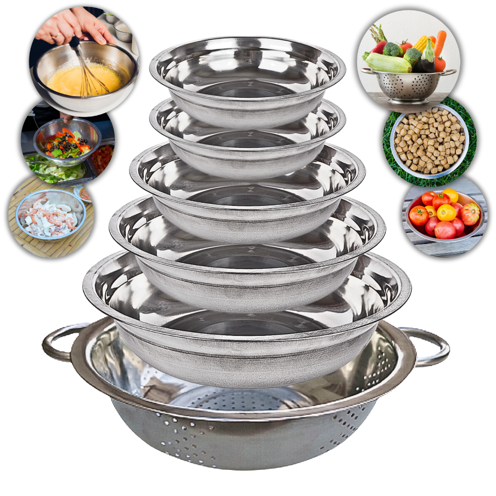 Conjunto 5 Tigelas Bacia Bowls Saladeira Redonda + Escorredor De Alimentos Arroz Macarrão Massas Verduras Frutas Folhas Legumes Multiuso Cozinha Inox Grande 30 cm Com Alça