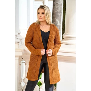 Casaco Plus Size com capuz cardigan alongado de frio feminino tricot de inverno