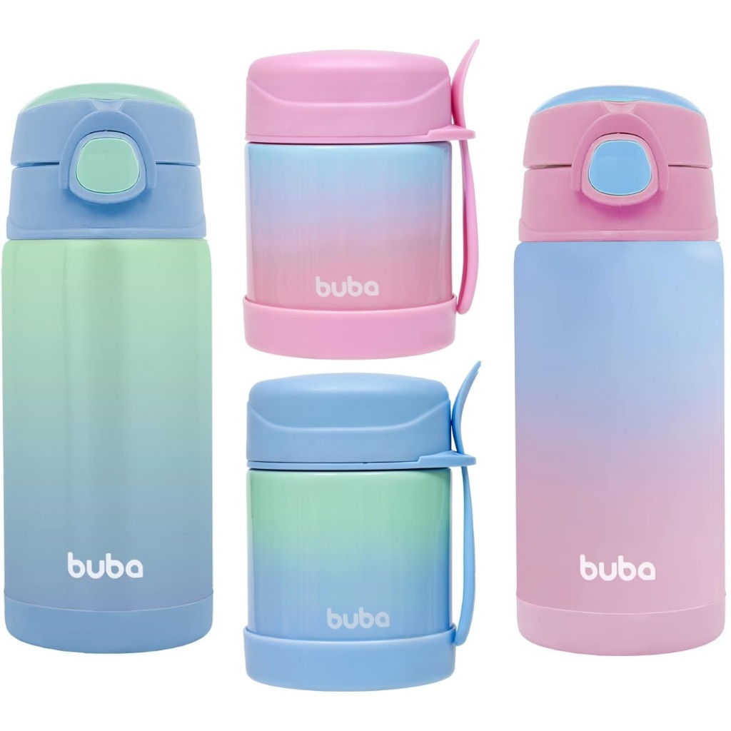 Garrafa Térmica Infantil Com Canudo Aço Inox Buba Menina e Menina Azul ...