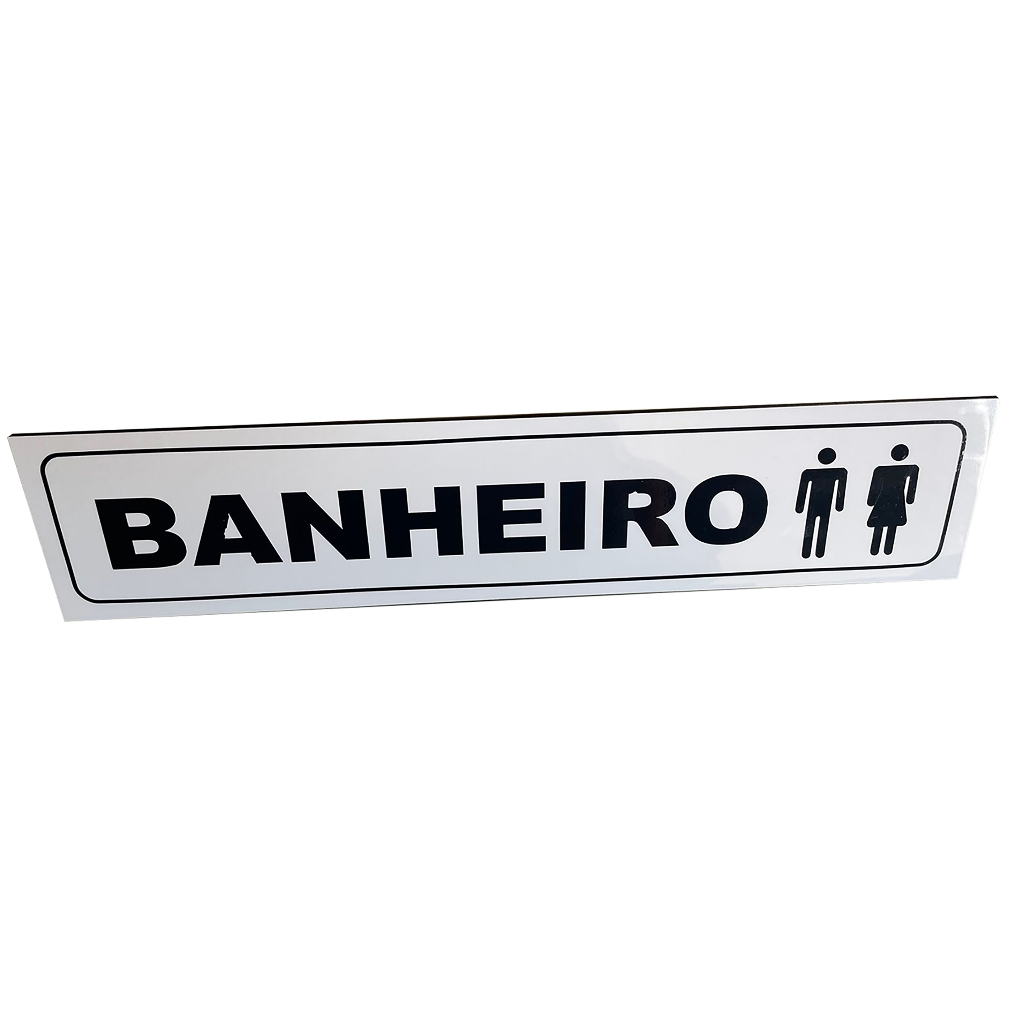 Plaquinha Banheiro Acm Branco Adesivada Em Preto 30x6,4cm