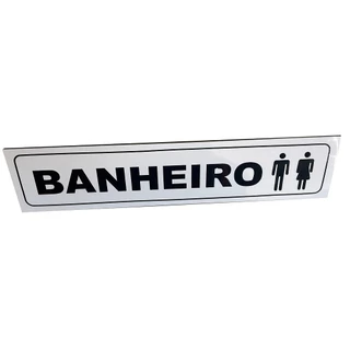 Plaquinha Banheiro Acm Branco Adesivada Em Preto 30x6,4cm