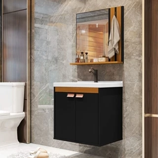 Kit Banheiro Palas Madrid Balcão Cuba e Espelho - Cor Preto Com Nature - Lojas GB