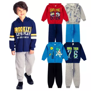 Kit 4 Peças Conjunto Moletom Infantil Menino Inverno 1 ao 16 Com Capuz e Zíper Pronta Entrega