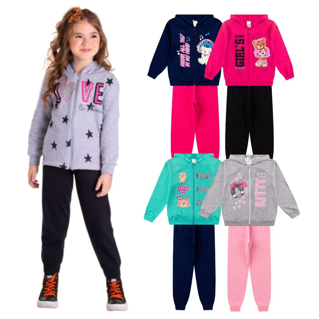 Kit 4 Peças Conjunto Moletom Infantil Menina Feminino Inverno Com Capuz e Zíper