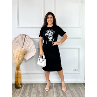 Vestido Feminino Midi Gospel Canelado Coragem Gola Redonda Fenda Lateral Moda Evangélica