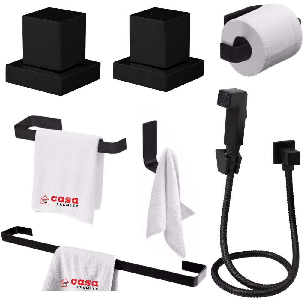 Kit Acessórios Banheiro Luxo Todo Preto Fosco Ducha Higiênica Lavabo 02 Acabamentos Quadrados Para Registro Chuveiro Pressão / Gaveta 1/2 e 3/4 Preto 100% Metal