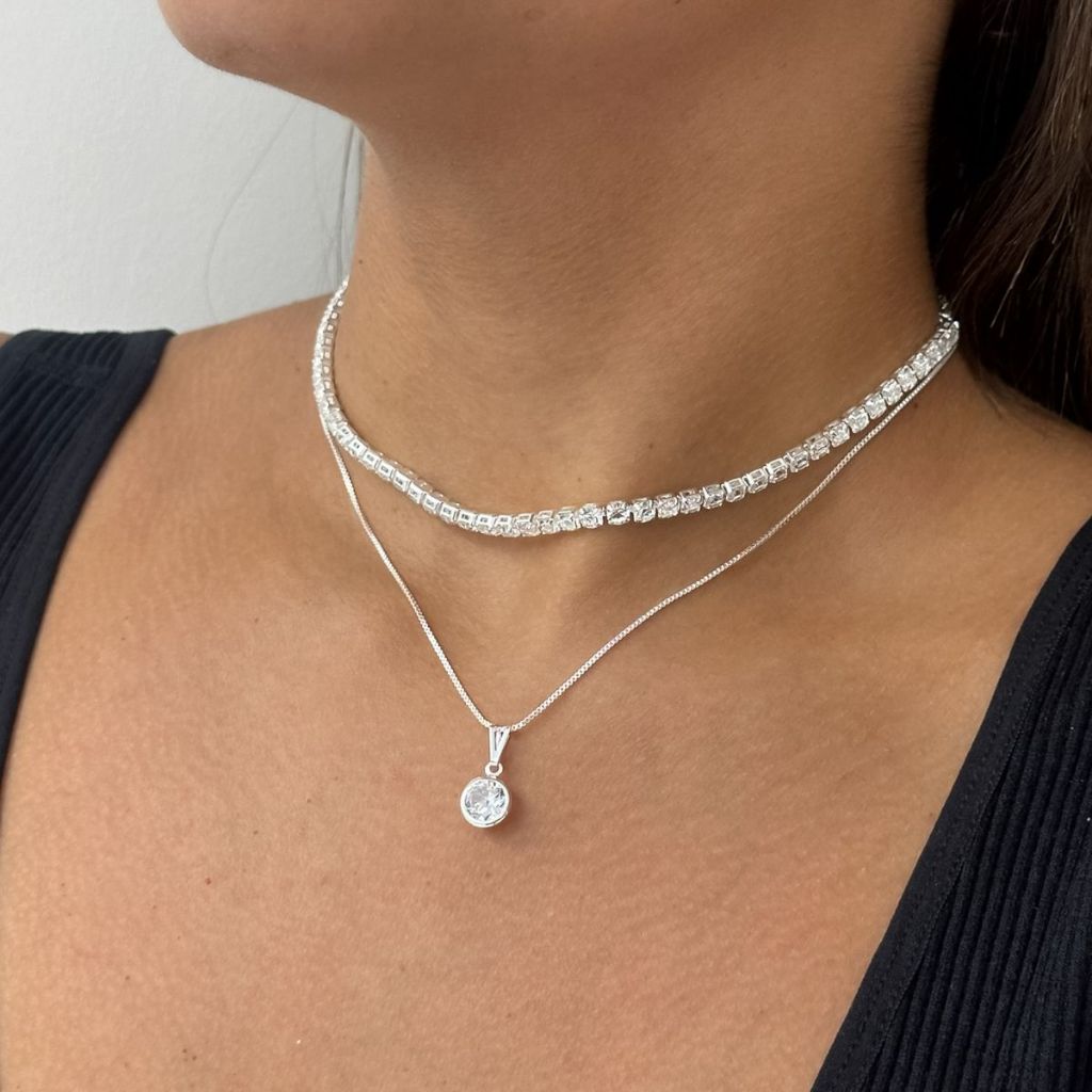 Choker Riviera Cristal + Colar Ponto De Luz a Prata 925