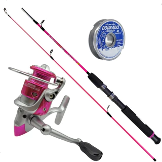 Kit Pesca Feminino Rosa Molinete 3 Rolamento + Vara e Linha