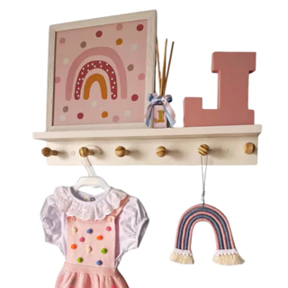 Suporte Cabideiro De Parede Porta Roupas 6 Ganchos 20kg + Prateleira Decorativa 100% MDF