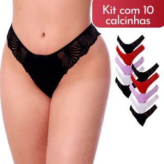 Kit Com 3, 5 ou 10 Calcinha Tanga Renda Lingerie Fio Dental Duplo Romantic Lateral Rendada Sensual Confortável Cores Variadas Feminina Adulto Extra Conforto Forro 100% Algodão