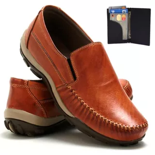 Sapatilha Mocassim Masculino Urbano Moderno De Couro Macio Costurado Super Leve + Carteira