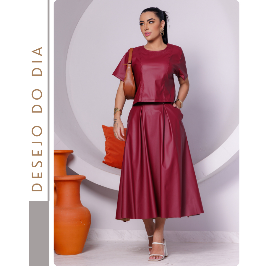 SAIA DE COURO MIDI RODADA COM BOLSOS DETALHE FRONTAL ELEGANTE MODA ...